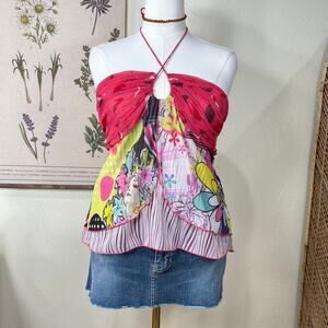 Vintage 90s Y2k Layered Mesh Graphic Halter Top Coastal Trashy Whimsical Euro XL